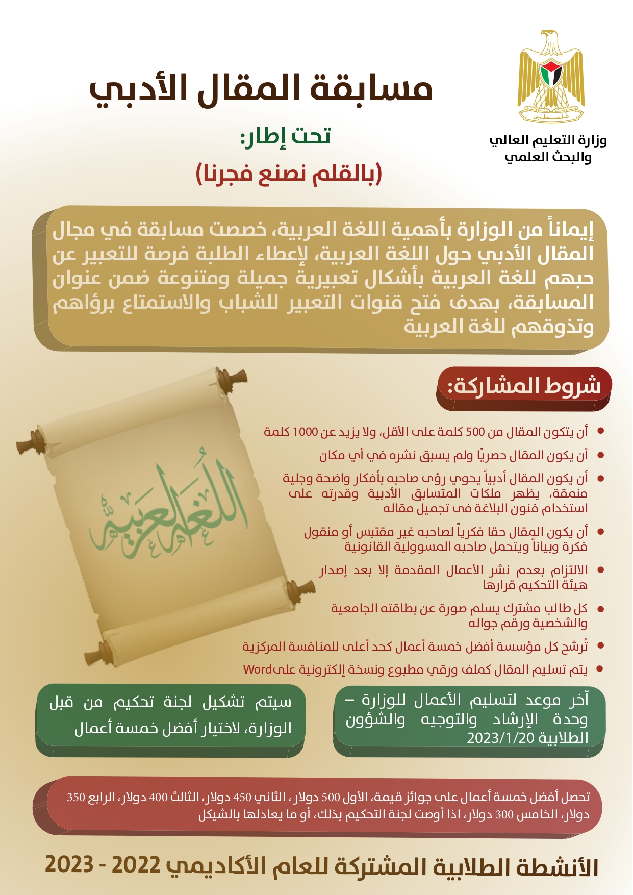 اعلان للمشاركة في مسابقات القصة القصيرة، الرسم، الفيلم الوثائقي القصير، البحث الأكاديمي، المقال الأدبي على مستوى الجامعات الفلسطينية.