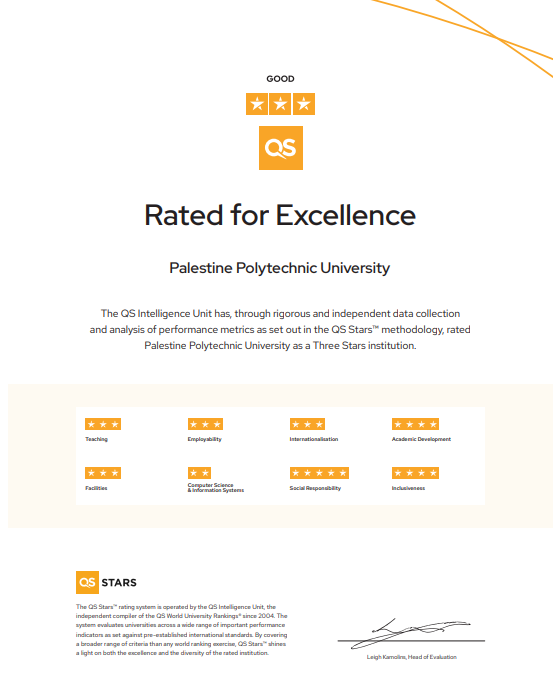 Palestine Polytechnic University (PPU) - جامعة بوليتكنك فلسطين تحصل على تقييم ثلاث نجوم وفقاً لنظام التقييم العالمي "QS Stars Rating" البريطاني للعام 2022 