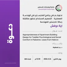 Palestine Polytechnic University (PPU) - دعوة لحضور مناقشة رسالة الماجستير للمهندسة آية دوفش 
