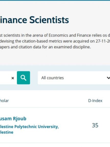 Palestine Polytechnic University (PPU) - أ.د. حسام رُجوب من جامعة بوليتكنك فلسطين الأول على مستوى فلسطين ضمن قائمة أفضل الباحثين عالميًا في الاقتصاد والمالية حسب تصنيف Research.com لعام 2025